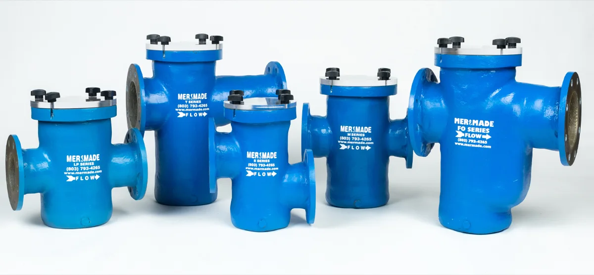 Mer-Made Filter line of commercial fiberglass basket strainers against a white background