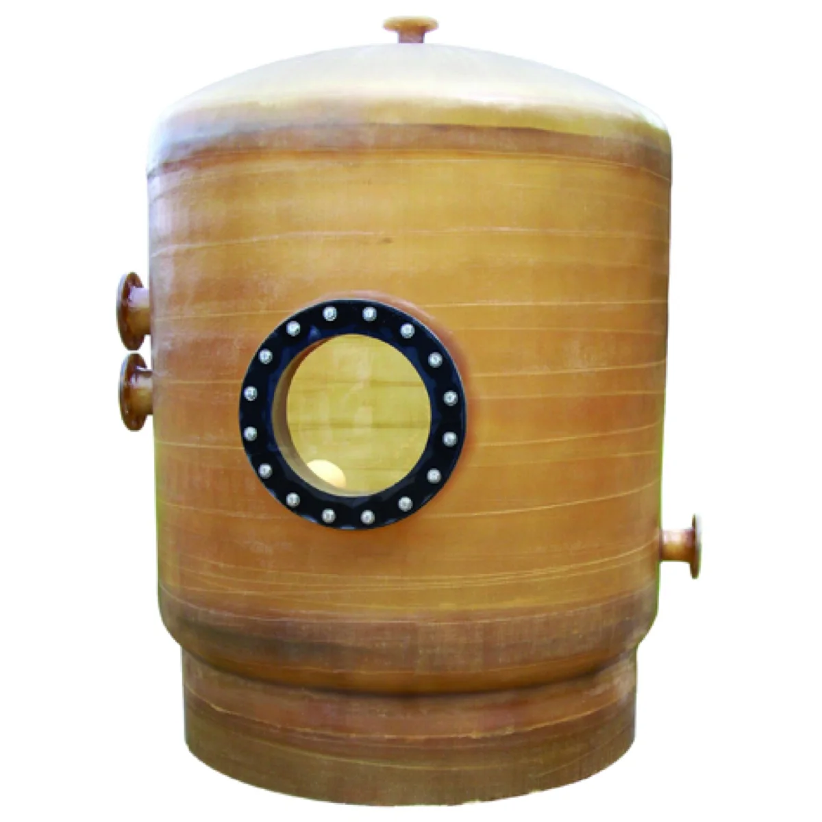 Mer-Made fiberglass surge and balance tank with domed top, large manway and pipe connections